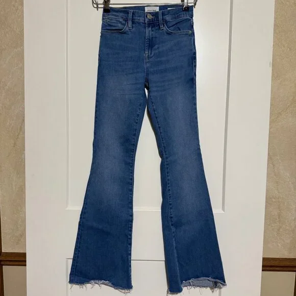 Frame Denim Le High Flare Jeans Light Wash Distressed Hem Size 24 - Picture 3 of 11